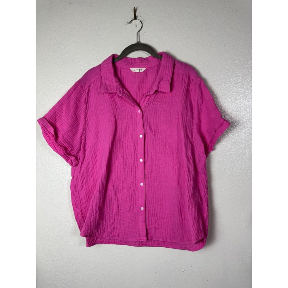 Lucky‎ Brand Button Up Short Sleeve Top Womens size XL Boxy Pink gauzy Cotton